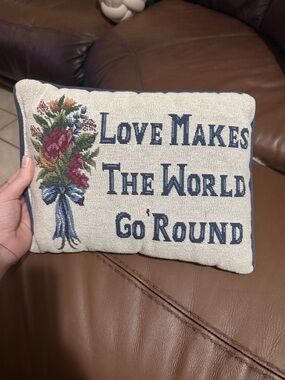 Vintage Needlepoint Floral Accent Pillow - 'Love Makes The World Go Round'